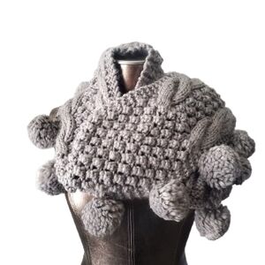 Cozy Gray Knit Enternal Scarf with Pom Poms